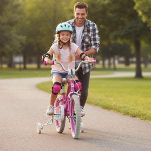 12-inch pink kids bike for ages 3-8 with adjustable handlebar, Starlight Wave design, angled view.