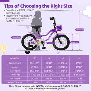 12-inch magic purple kids bike with training wheels for ages 3-4, angled view showcasing design and features.