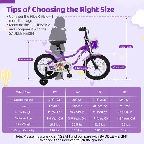 12-inch magic purple kids bike with training wheels for ages 3-4, angled view showcasing design and features.