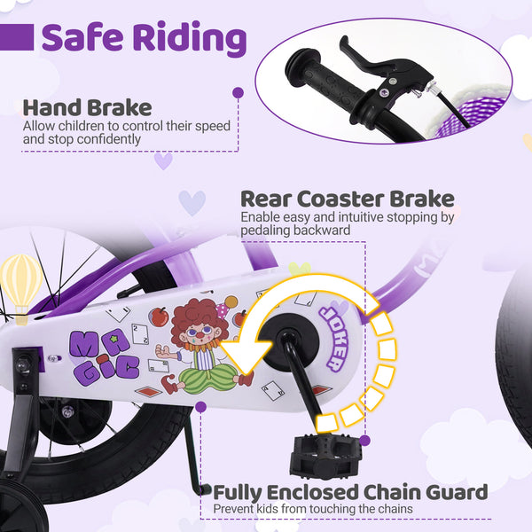 Magic purple 12-inch kids bike with training wheels for ages 3-4, viewed at a 25-degree angle.