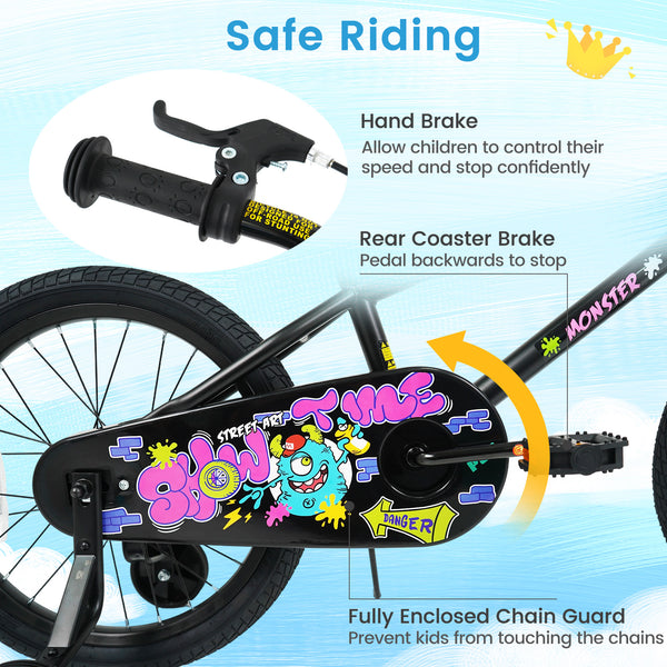 18 Inch Kids Bike with Training Wheels for Ages 4-8 Years Old Black- Street Art Time
