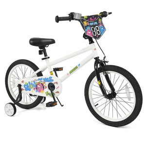 12-inch kids bike with training wheels for ages 3-4, white with street art design, angled view.