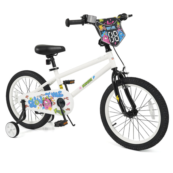 12-inch kids bike with training wheels for ages 3-4, white with street art design, angled view.