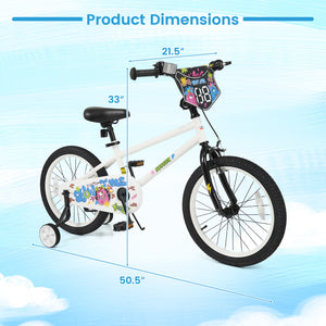 12-inch white kids bike with training wheels for ages 3-4, featuring street art design, angled view.