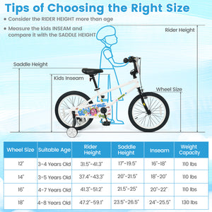 12-inch kids bike with training wheels for ages 3-4, white with street art design, angled view.