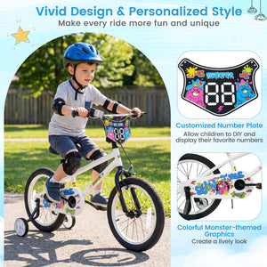 12-inch white kids bike with training wheels for ages 3-4, featuring street art design, angled view.