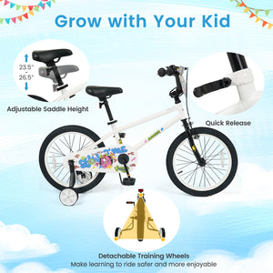 12-inch white kids bike with training wheels for ages 3-4, featuring street art design, angled view.