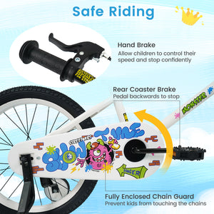 12-inch kids bike with training wheels for ages 3-4, white with street art design, angled view.