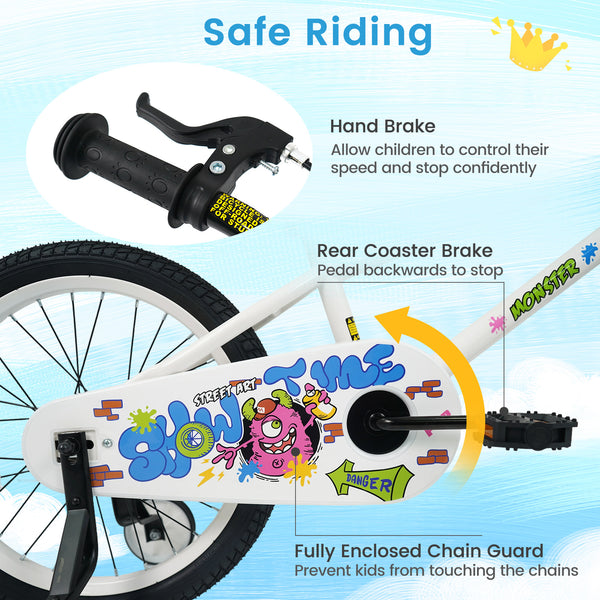 12-inch kids bike with training wheels for ages 3-4, white with street art design, angled view.