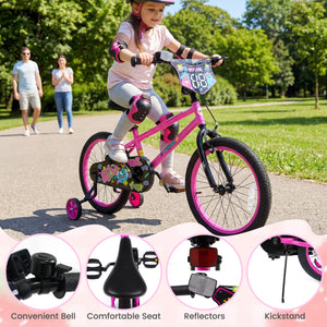 12-inch pink kids bike with training wheels for ages 3-4, featuring street art design, angled view.