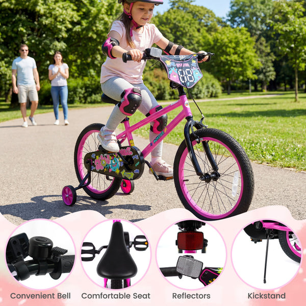 12-inch pink kids bike with training wheels for ages 3-4, featuring street art design, angled view.