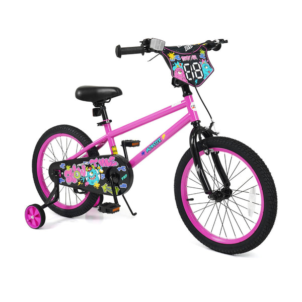 12-inch pink kids bike with training wheels for ages 3-4, featuring street art design, angled view.