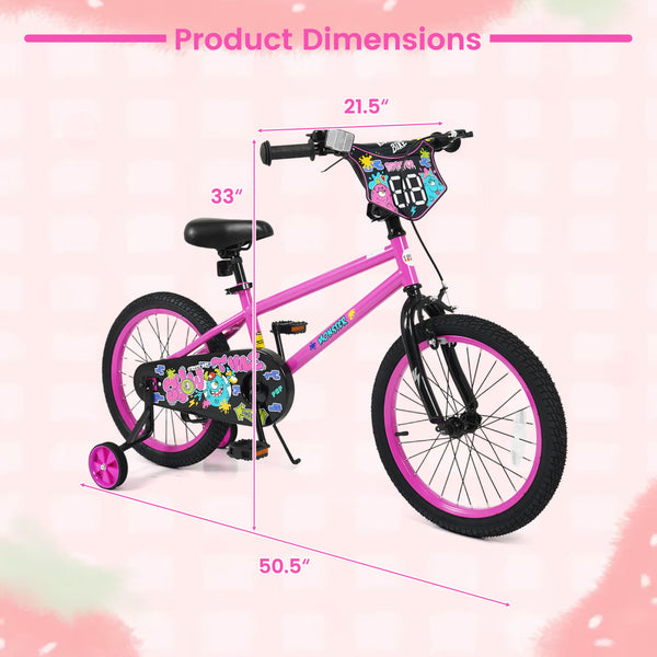 12-inch pink kids bike with training wheels for ages 3-4, featuring street art design, angled view.