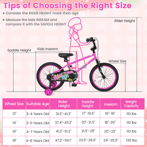 12-inch pink kids bike with training wheels for ages 3-4, featuring street art design, angled view.