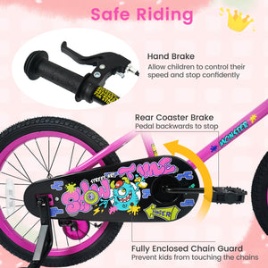 12-inch pink kids bike with training wheels for ages 3-4, featuring street art design, angled view.