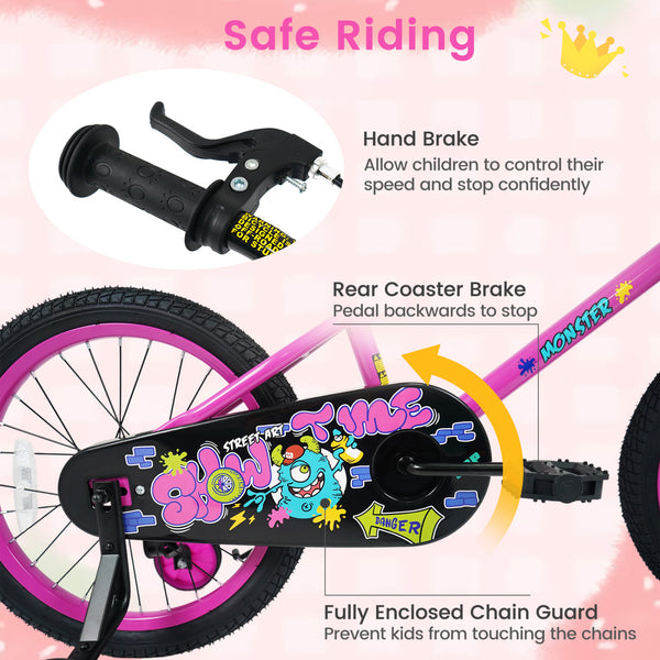 12-inch pink kids bike with training wheels for ages 3-4, featuring street art design, angled view.