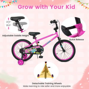 12-inch pink kids bike with training wheels for ages 3-4, featuring street art design, angled view.