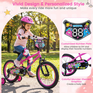 12-inch pink kids bike with training wheels for ages 3-4, featuring street art design, angled view.