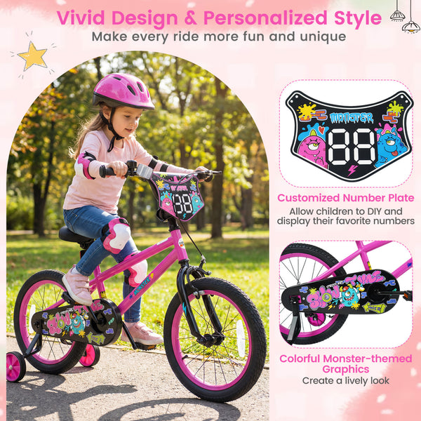 12-inch pink kids bike with training wheels for ages 3-4, featuring street art design, angled view.