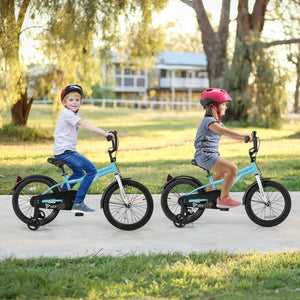 14-inch kids bike with training wheels for children ages 3-5, angled view showcasing vibrant colors and design.