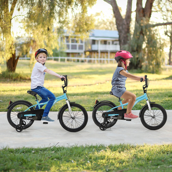 14-inch kids bike with training wheels for children ages 3-5, angled view showcasing vibrant colors and design.