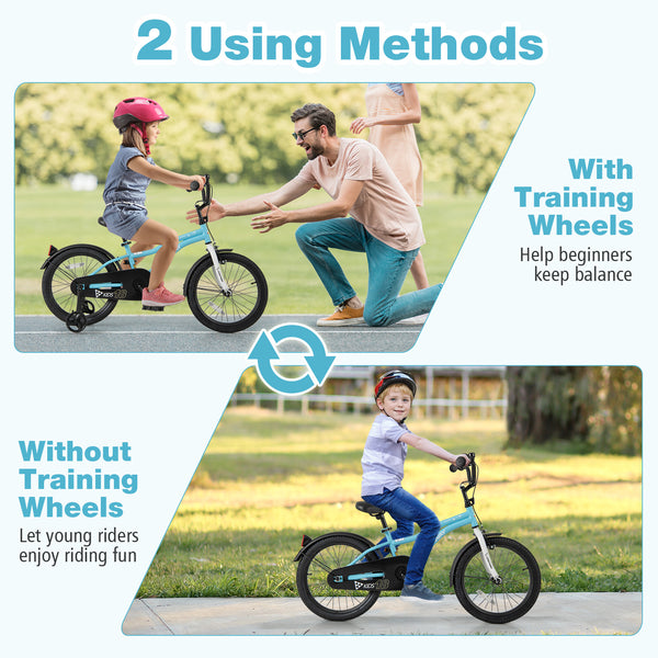 14-inch kids bike with training wheels for ages 3-5, angled view showcasing vibrant design and safety features.