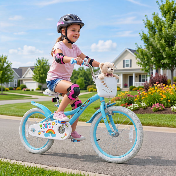 12-inch girls bike for ages 3-4, blue with training wheels and basket, perfect for spring parties. Angle view.