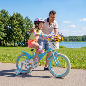 12-inch girls bike in spring party blue for 3-4 years old, featuring training wheels and basket, angled view.