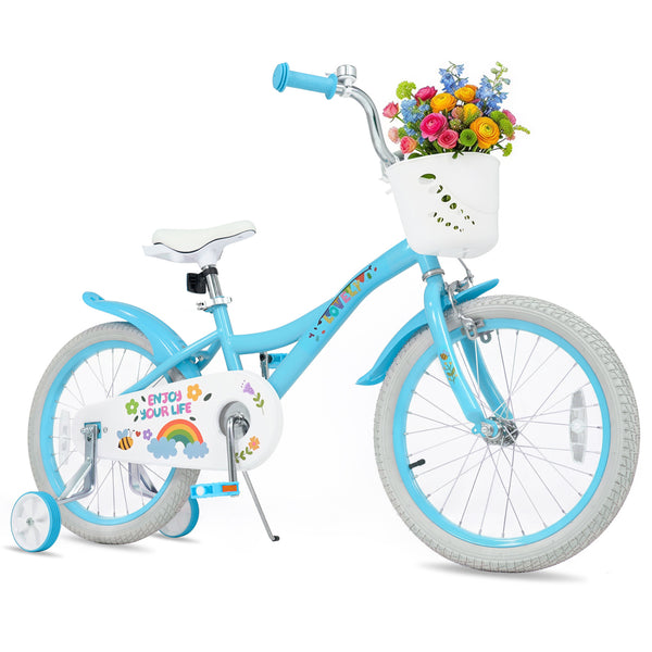 12-inch girls bike in spring party blue for 3-4 years old, featuring training wheels and a basket, angled view.