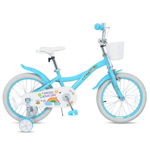 12-inch girls bike with training wheels and basket for ages 3-4, in Spring Party Blue, angled view.