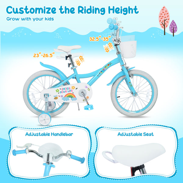 12-inch girls bike in spring party blue for 3-4 years old, featuring training wheels and a basket, angled view.