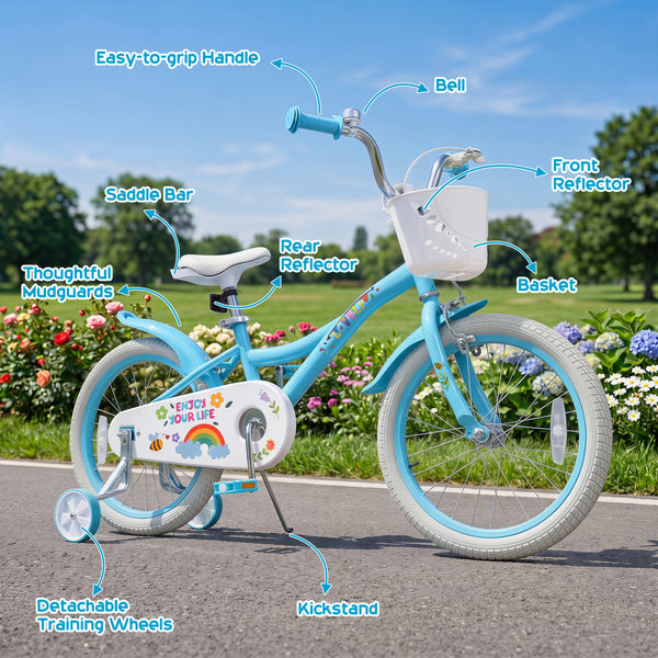 12-inch girls bike for ages 3-4, blue with training wheels and basket, perfect for spring parties.