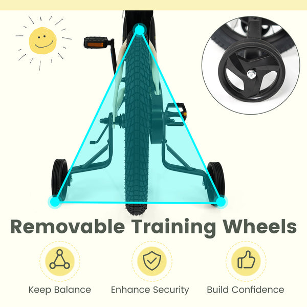 12-inch kids bike with removable training wheels, angled view showcasing vibrant design and safety features.