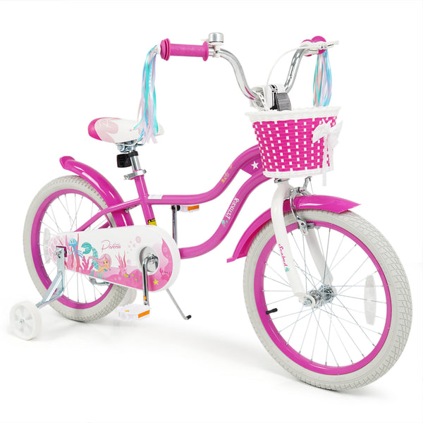 18-Inch Kids Bike Adjustable with Basket and Streamers Rose Red - Princess of the Sea Theme
