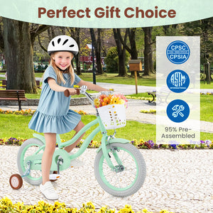 14-inch kids bike with adjustable seat and bell, perfect for children ages 3-8, shown at a 24-degree angle.