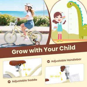 14-inch kids bike with adjustable seat and training wheels for ages 3-8, shown at a 23-degree angle.
