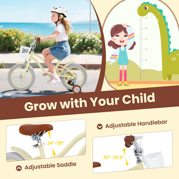 14-inch kids bike with adjustable seat and training wheels for ages 3-8, shown at a 23-degree angle.