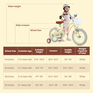 14-inch kids bike with adjustable seat and training wheels for ages 3-8, shown at a 20-degree angle.