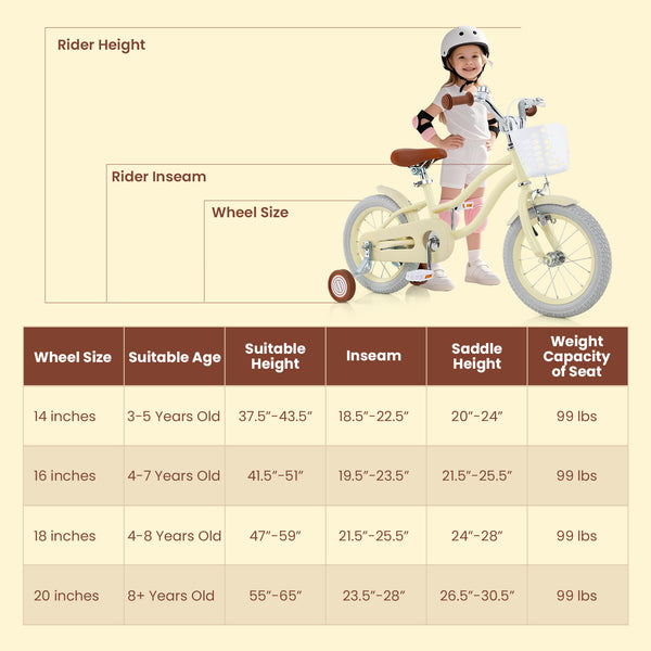 14-inch kids bike with adjustable seat and training wheels for ages 3-8, shown at a 20-degree angle.