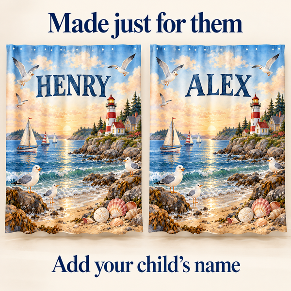 Add your child's name to the Coastal Lighthouse shower curtain