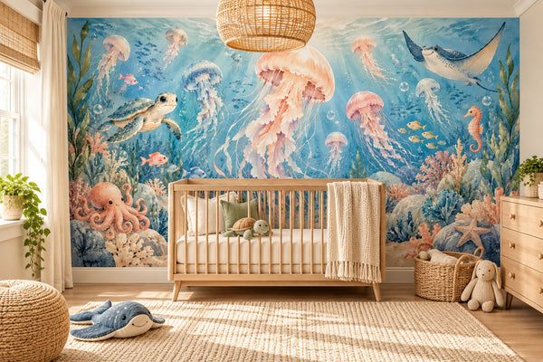 Watercolor Jellyfish Garden Ocean Wall Mural, image 1