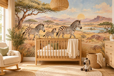 Watercolor Zebra Family Safari Wall Mural, image 1