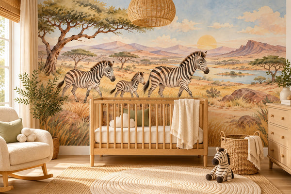 Watercolor Zebra Family Safari Wall Mural, image 1