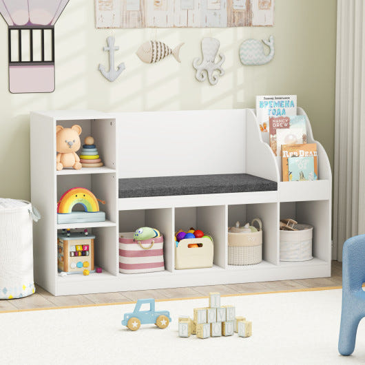 Kids Bookcase with Reading Nook 3-in-1 Toy Organizer in White for stylish kids' storage and playtime.