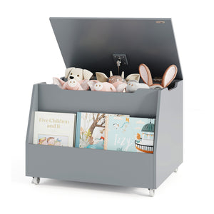 Wooden mobile toy storage organizer with bookshelf and lockable wheels for baby bedding and sleep essentials.
