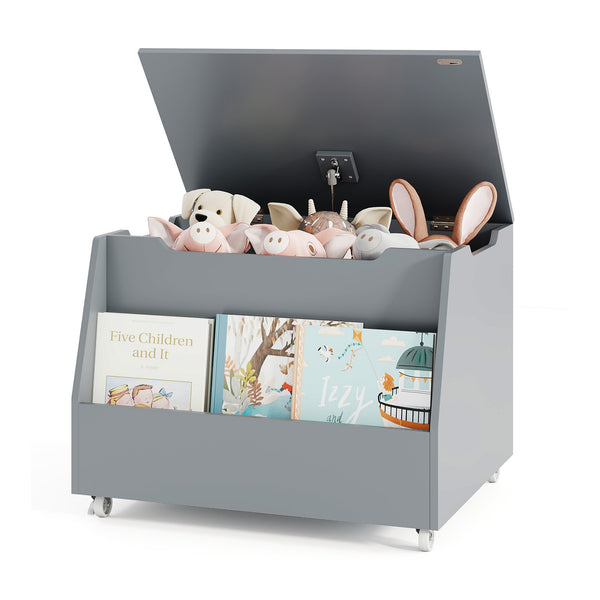 Wooden mobile toy storage organizer with bookshelf and lockable wheels for baby bedding and sleep essentials.