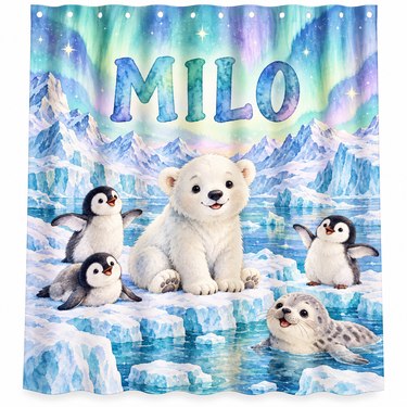 Personalized polar bear and penguin kids shower curtain with the name Milo