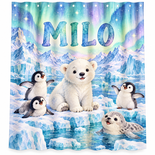 Personalized polar bear and penguin kids shower curtain with the name Milo