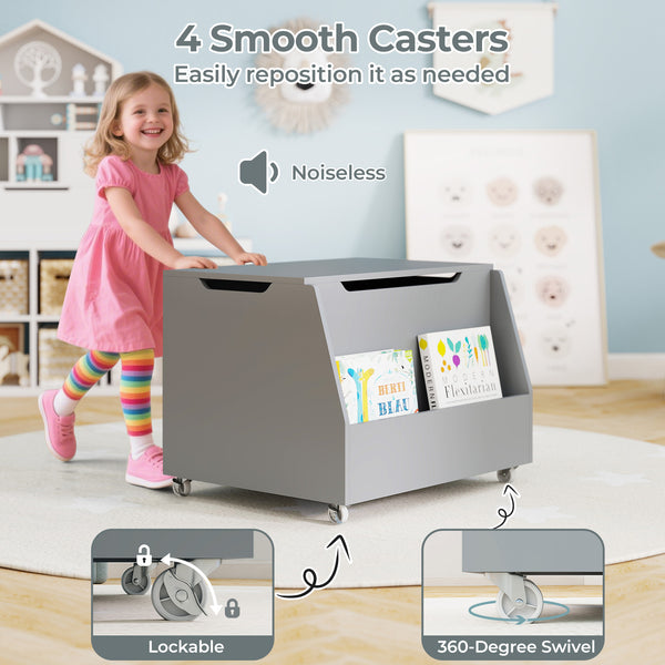 Wooden mobile toy storage organizer with bookshelf and lockable wheels, perfect for baby bedding and sleep areas.