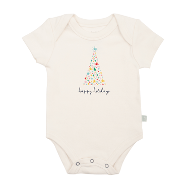 Happy Holidays tree graphic bodysuit for babies - short sleeve design, perfect for festive celebrations.